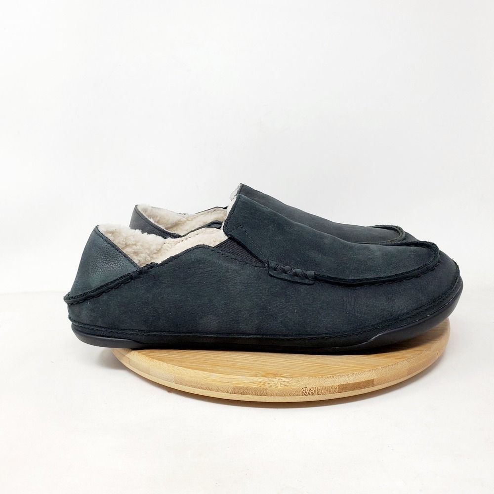 Olukai Kipuka Hulu Slippers Mens 7 Black Leather Slip On Shoes Shearling Lined